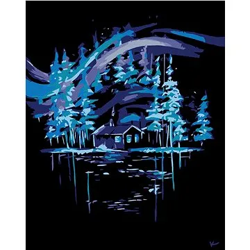 Diamondi - Diamantové malování - POLÁRNÍ ZÁŘE NAD CHALOUPKOU, 40x50 cm, Vypnuté plátno na rám (603531B)