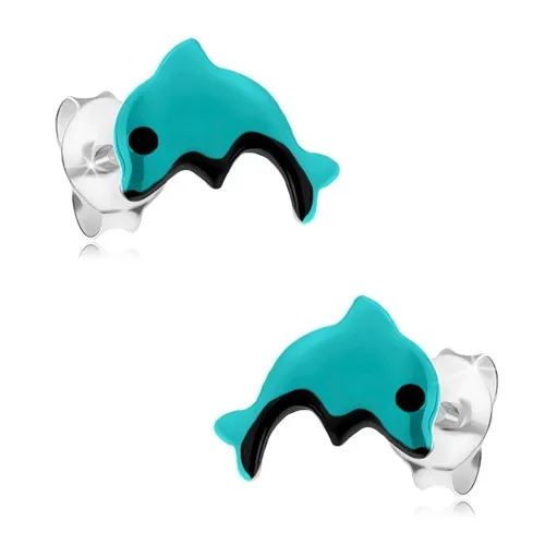 Stříbrné náušnice 925, světle modrý delfínek s černým očkem a bříškem