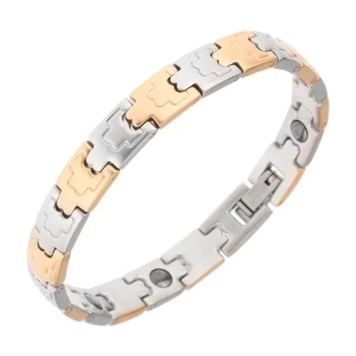 Náramek z oceli, magnety, matné články, zlatá a stříbrná barva, 8 mm