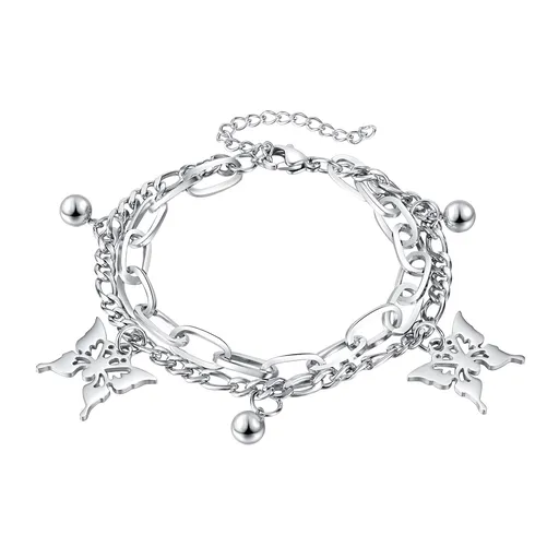 Dvojitý náramek z oceli stříbrné barvy - motýli s vyřezávanými křídly, korálky