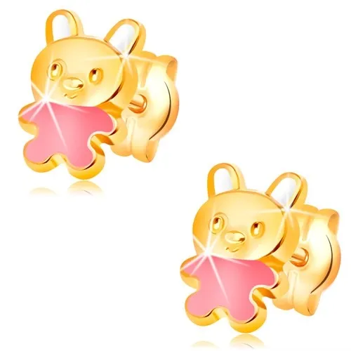 Zlaté náušnice 585, zajíček zdobený růžovou a bílou glazurou, puzetky