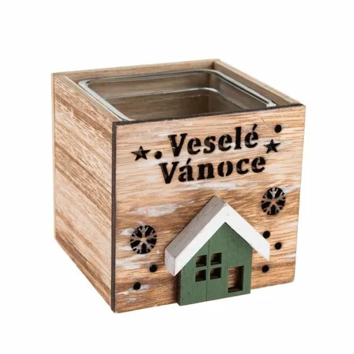 Dřevěný svícen se sklem Veselé Vánoce, 9 x 8,5 cm, přírodní