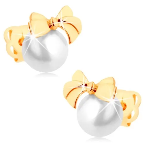 Puzetové náušnice ze žlutého 14K zlata - lesklá mašlička, kulatá bílá perla