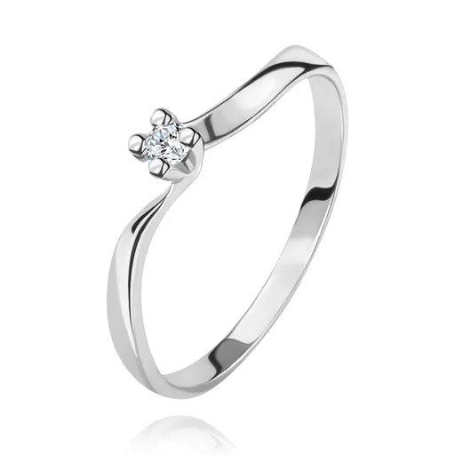 Diamantový prsten z bílého 14K zlata - blýskavý briliant v kotlíku, zvlněná ramena - Velikost: 52