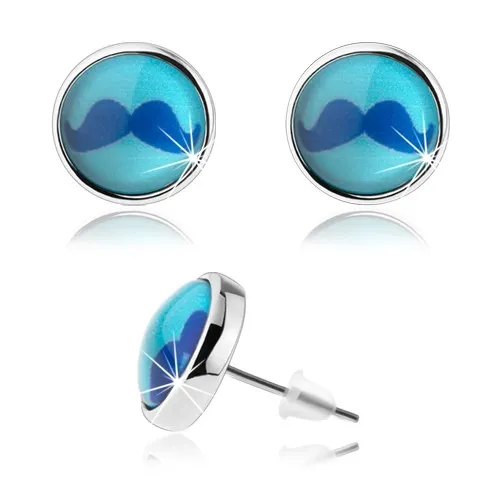 Puzetové cabochon náušnice, vypouklé sklo, obrázek modrého knírku