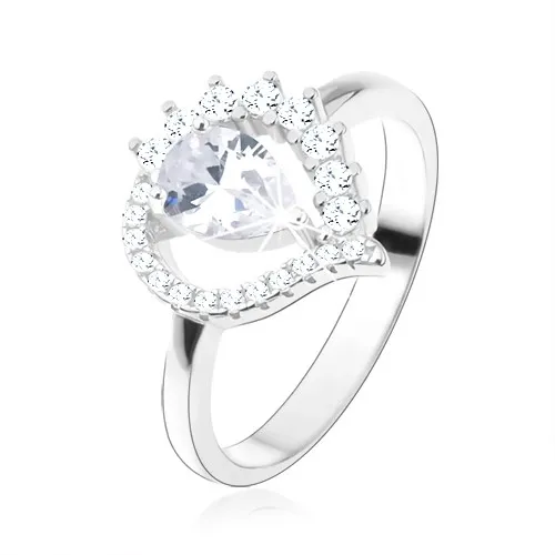 Prsten ze stříbra 925, asymetrická slza - obrys, čirá zirkonová kapka - Velikost: 49