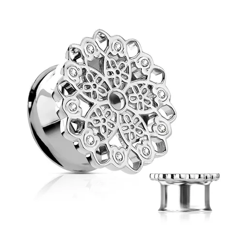 Ocelový tunel do ucha, vyřezávaný filigránový květ, čiré zirkony - Tloušťka : 12 mm