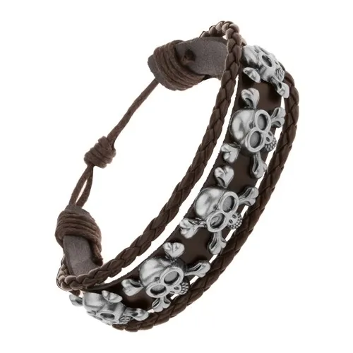 Náramek z tmavohnědé umělé kůže, ocelové lebky s překříženými kostmi