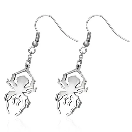 Ocelové náušnice ve stříbrném odstínu - lesklý pavouk na háčku