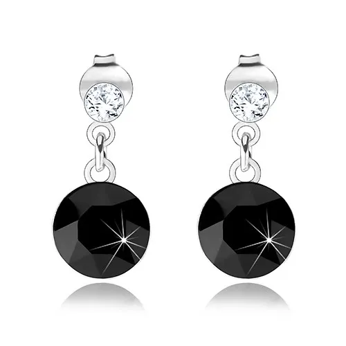 Náušnice ze stříbra 925, kulatý čirý a černý krystal Swarovski, puzetky