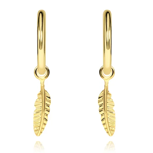 Zlaté náušnice 14K zlatý kruh s visícím pírkem
