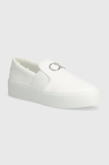 Kožené tenisky Calvin Klein FLATFORM CUP SLIP ON RE LOCK LTH dámské, bílá barva, HW0HW02057