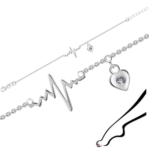 Stříbrný náramek 925 na kotník - tlukot srdce, srdce s čirými zirkony