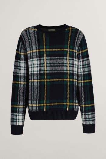 SVETR GANT CHECKED KNITTED C-NECK NAVY