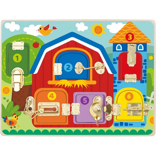 Tooky Toy Dřevěná hrací deska farma - Aktivity Board se zámečky
