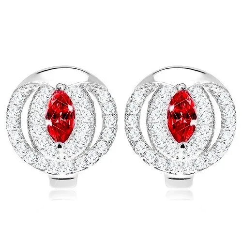 Náušnice, stříbro 925, zirkonové zrnko červené barvy, třpytivý lem, stříbrný výřez
