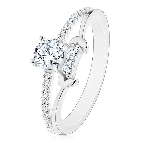 Stříbrný prsten 925, rozdělená ramena, čirý kulatý zirkon, lístky - Velikost: 57