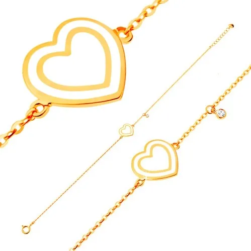 Náramek ve žlutém 14K zlatě, přívěsky - srdce s bílou glazurou, zirkon