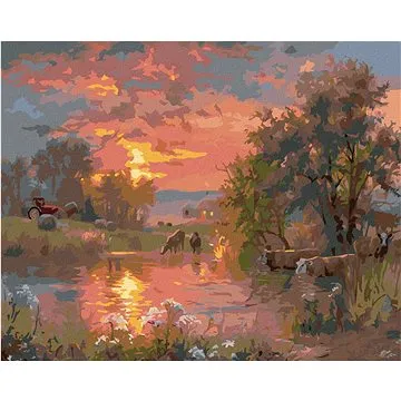 Zuty - Malování podle čísel - KRÁVY U RYBNÍKU A ZÁPAD SLUNCE (ABRAHAM HUNTER), 80x100 cm, vypnuté pl (HRAmmb06151nad)