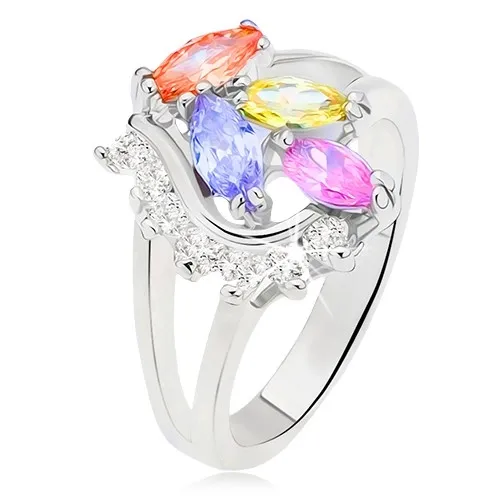 Prsten s rozdvojenými rameny, barevné zrníčkovité kamínky, čirá oblá linie - Velikost: 60