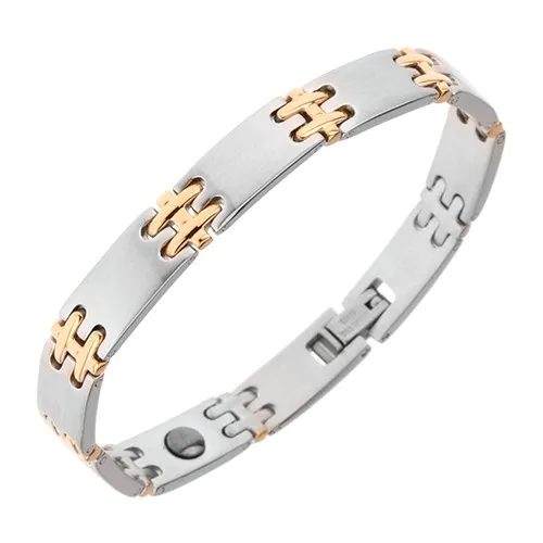 Ocelový náramek na ruku, matné články, lesklé spoje H zlaté barvy, magnety