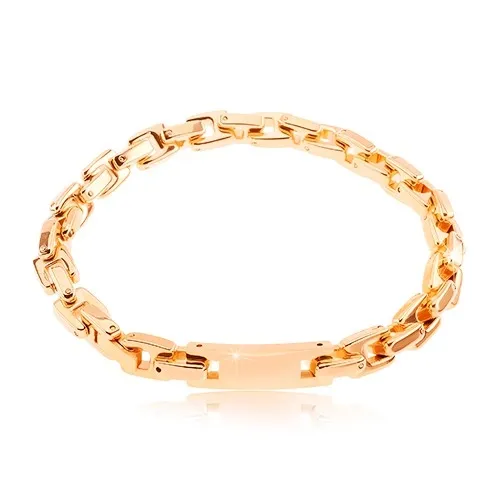 Ocelový náramek měděné barvy, řetěz z hranatých článků, známka