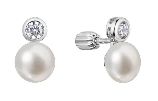 Evolution Group - Pavona Slušivé stříbrné náušnice pecky se zirkonem a říční perlou 21089.1B