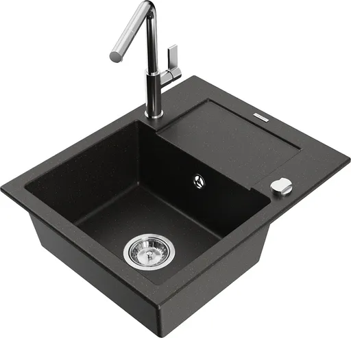 MEXEN/S Enzo granitový dřez 1-miska s odkapávačem včetně baterie Flora, černá/zlatá metalik 6506-75-670401-00