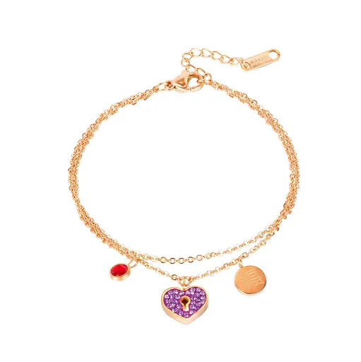 Ocelový náramek měděné barvy - zdvojený řetízek, červený zirkon, fialové srdíčko, kruh