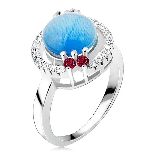 Prsten ze stříbra 925 - zirkonová obroučka, akvamarínový kamínek - Velikost: 54