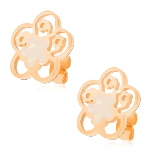 Puzetové náušnice z oceli zlaté barvy, vyřezávaný květ s perletí