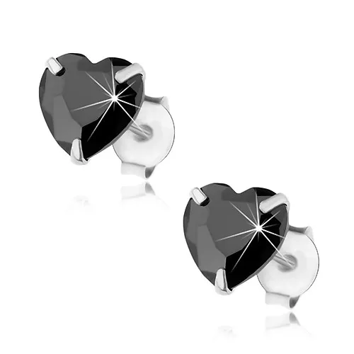Puzetové náušnice, stříbro 925, černý broušený zirkon - srdíčko