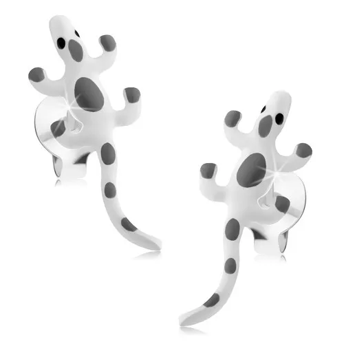 Stříbrné náušnice 925, bílé glazované ještěrky se šedými skvrnami, puzetky