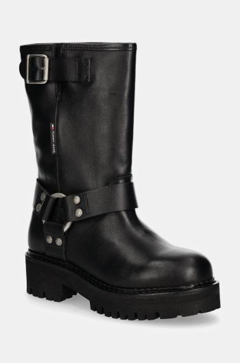 Kožené kotníkové boty Tommy Jeans TJW URBAN BIKER BOOT LEATHER dámské, černá barva, na platformě, EN0EN02728