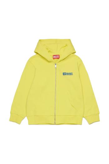 Detská bavlnená mikina Diesel SVOUGZIP OVER SWEAT-SHIRT žltá farba, s kapucňou, s potlačou, J02039