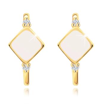 Zlaté náušnice 14K kosoštvorec s bielou glazúrou a zirkónmi