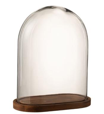 Hnědý dřevěný oválný podnos se skleněným poklopem Bell Jar - 33*18*42cm 7773