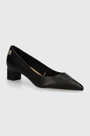 Kožené lodičky Tommy Hilfiger TH MID HEEL PUMP černá barva, na podpatku, FW0FW08204