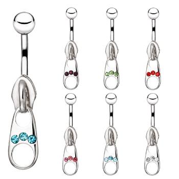 Oceľový piercing do bruška - ozdobný zips so zirkónmi - Farba zirkónu: Aqua modrá - Q