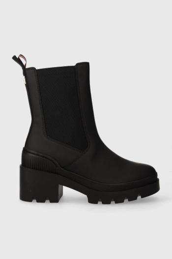 Boty s gumou Tommy Hilfiger RUBBERIZED MID HEEL BOOT dámské, černá barva, na podpatku, FW0FW07520