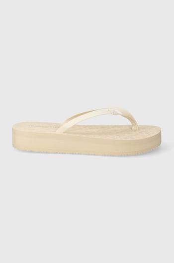 Žabky Tommy Hilfiger MONOGRAM BEACH SANDAL dámské, béžová barva, na plochém podpatku, FW0FW07854