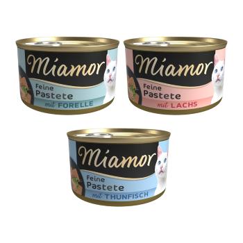 24x85g Miamor pástétom nedves macskatáp szárnyas vegyes csomag: 12x lazac, 6x tonhal, 6x pisztráng
