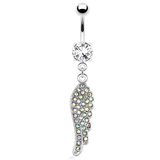 Ocelový piercing do bříška, andělské křídlo s duhovými zirkony