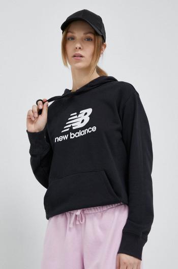 Mikina New Balance dámská, černá barva, s kapucí, vzorovaná