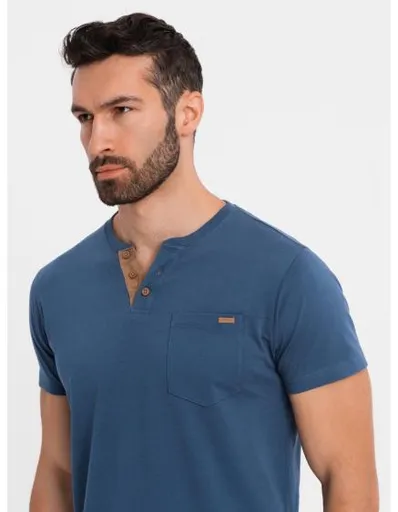 Pánské bavlněné tričko s výstřihem do V a efektem praní - tmavě modré V7 OM-TSWT-0242