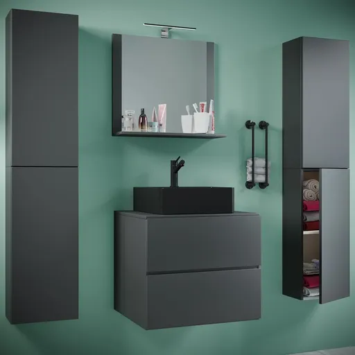 VCM 5dílná umyvadlová skříňka Lendas BL XL 60 cm se zrcadlem a 2 vysokými skříňkami, antracitová