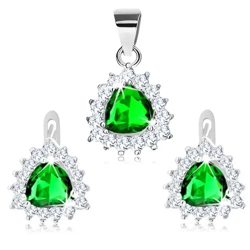 Set z přívěsku a náušnic, stříbro 925, zelený zirkon v obrysu trojúhelníku