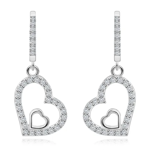 Náušnice ze stříbra 925 - srdíčko se zirkony a hladkým srdcem uvnitř