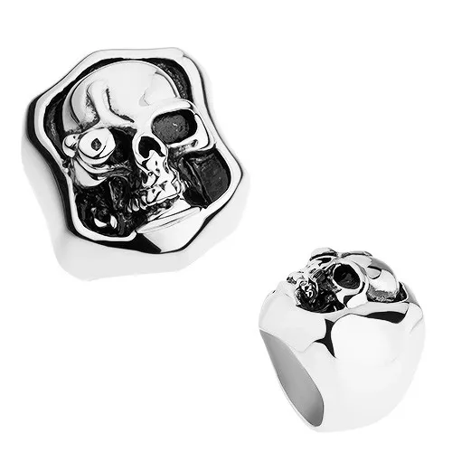 Masivní prsten z oceli 316L, stříbrná barva, patina, lebka s umělým okem - Velikost: 56