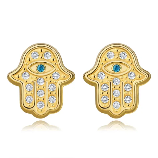 Náušnice ze žlutého zlata 585 - Hamsa s kubickými zirkony, oko se syntetickým akvamarínem